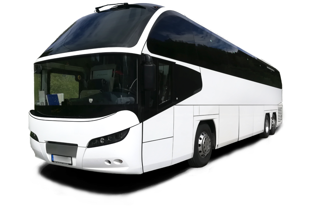 Firmenreise weißer moderner und komfortabler Reisebus mit getönten Scheiben
