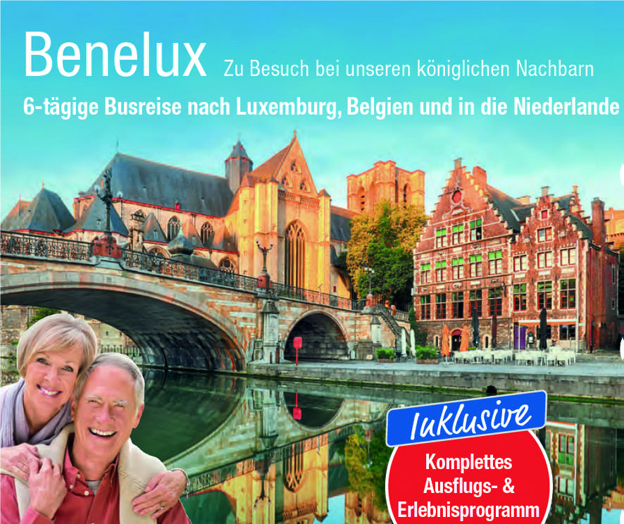 Busreise Benelux Blick auf Brücke und Altstadt lächelndes Paar
