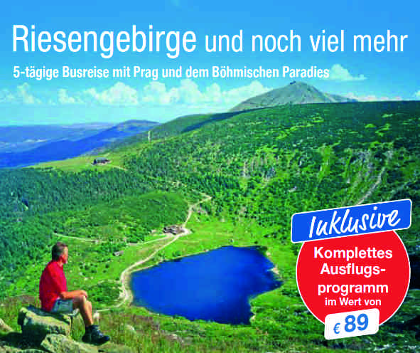 Busreise trendtours Reiseprospekt grünes hügeliges Riesengebirge See - Mensch auf der Bank