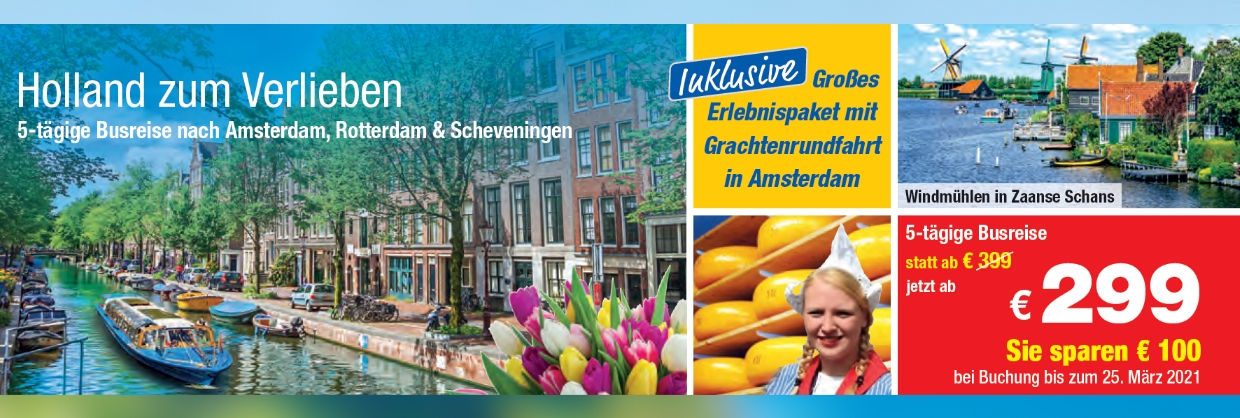 Busreise Holland trendtours Grachtenfahrt Boote Kanal Häuser Käsesorten