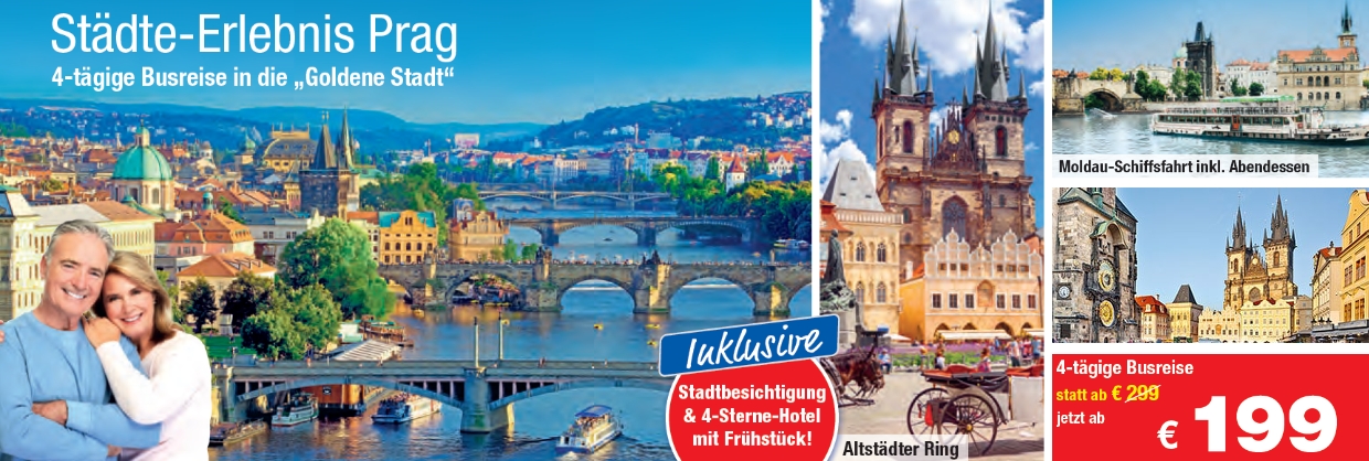 trendtours busreise Prag Blick auf die Stadt Alte Häuser und Brücken