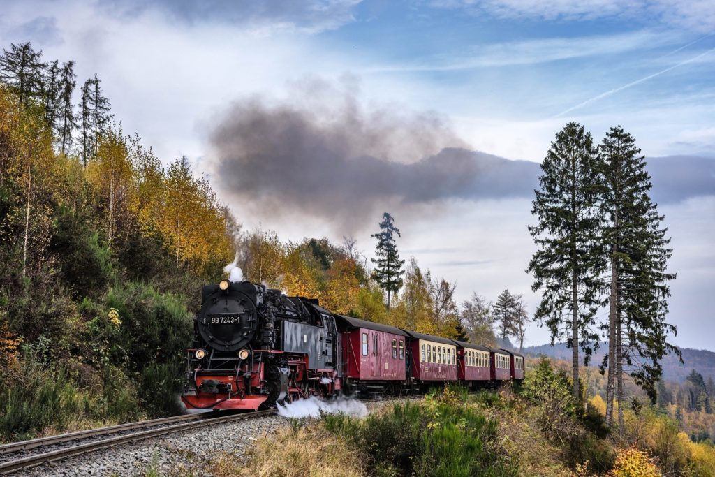 Busreise Harz Dampfeisenbahn schwarze Lok rote Wagons
