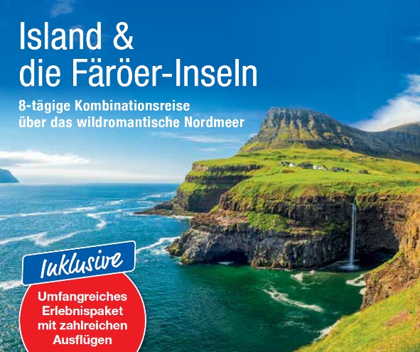 trendtours Busreise Island und Färöer Inseln Wasser Atlantik Felsige Küste mit Rasen grün