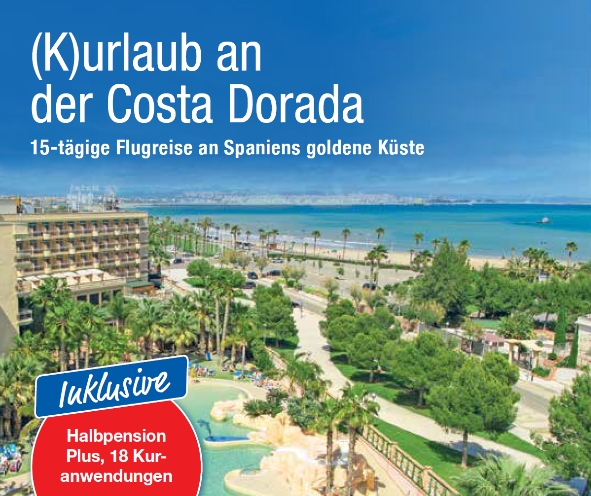 Trendtours-Reise Kurlaub an der Costa Dorada Hotelanlage grüne Parkanlage Meer blauer Himmel