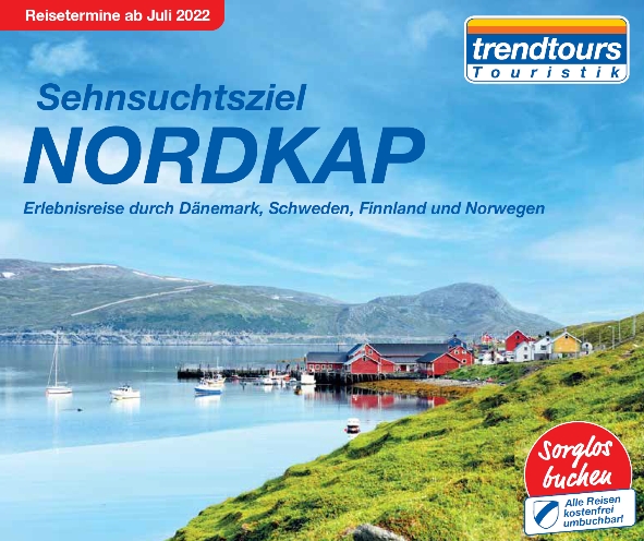 trendtours Prospekt Nordkap Meer rote Häuser Rasen