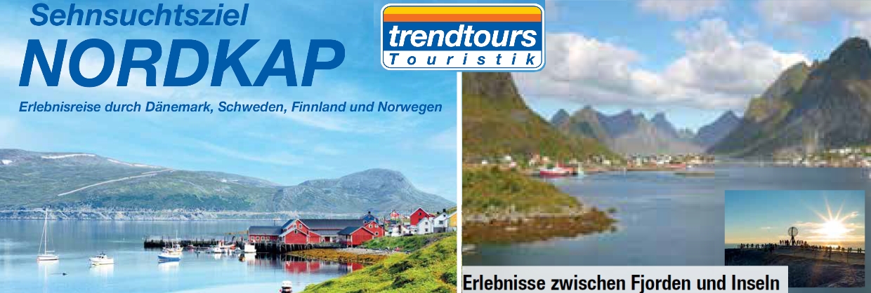 trendtours Prospekt Nordkap Norwegen Meer Wiese Rote Häuser